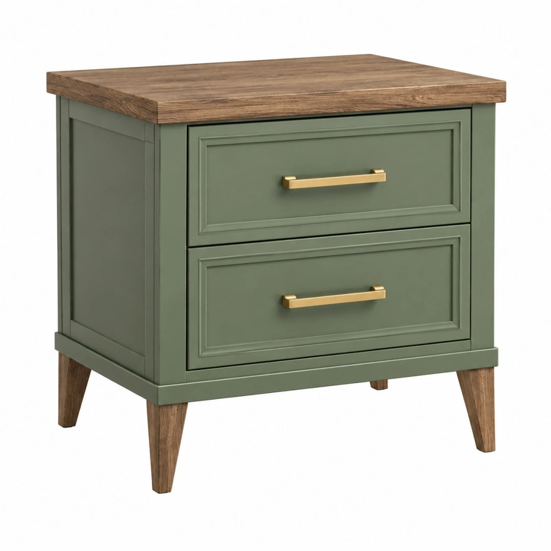 Mesita de noche 60 x 45 x 65 cm de madera verde con 2 cajones estilo clásico