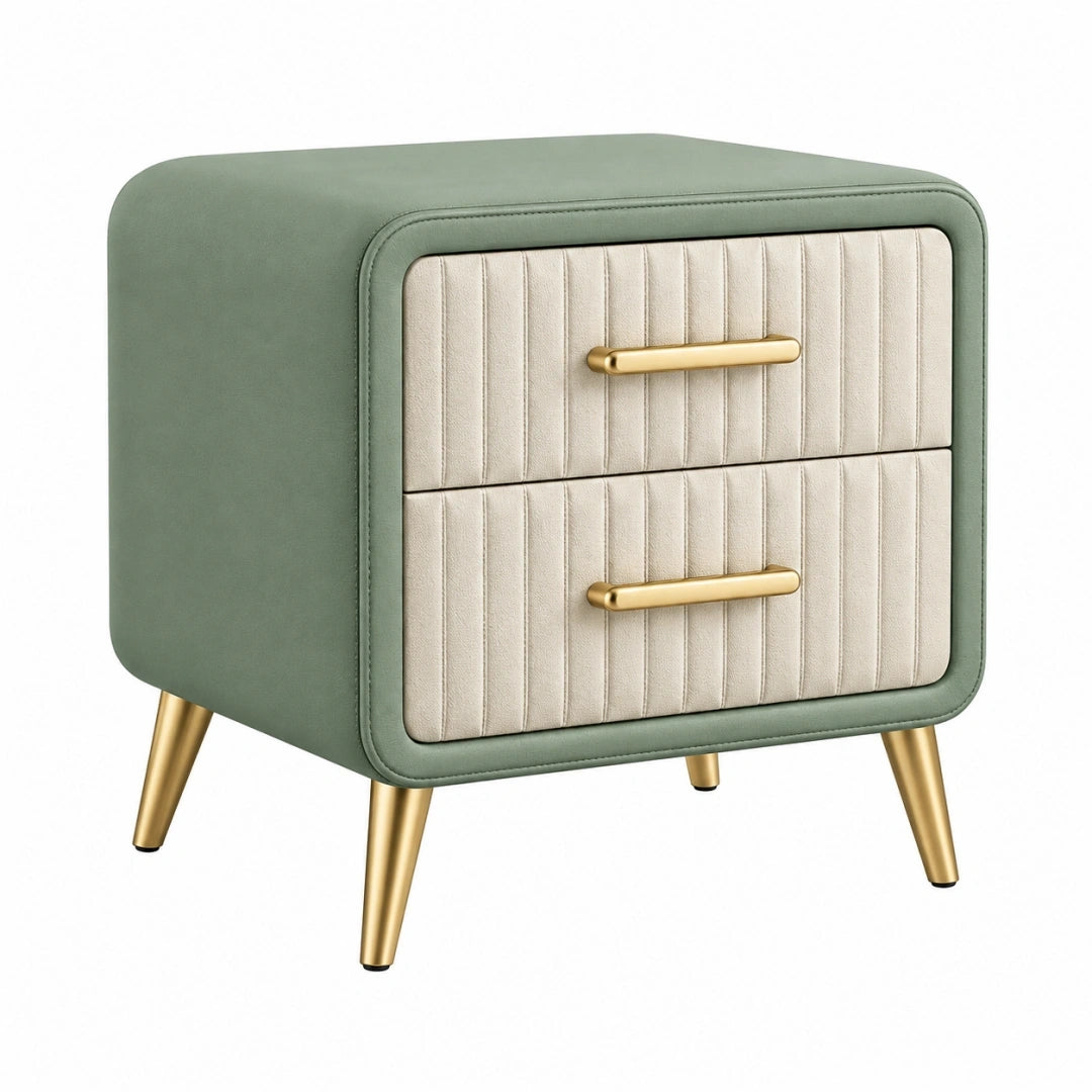 Mesita de noche 50 x 40 x 55 cm tapizada verde y beige con 2 cajones estilo moderno