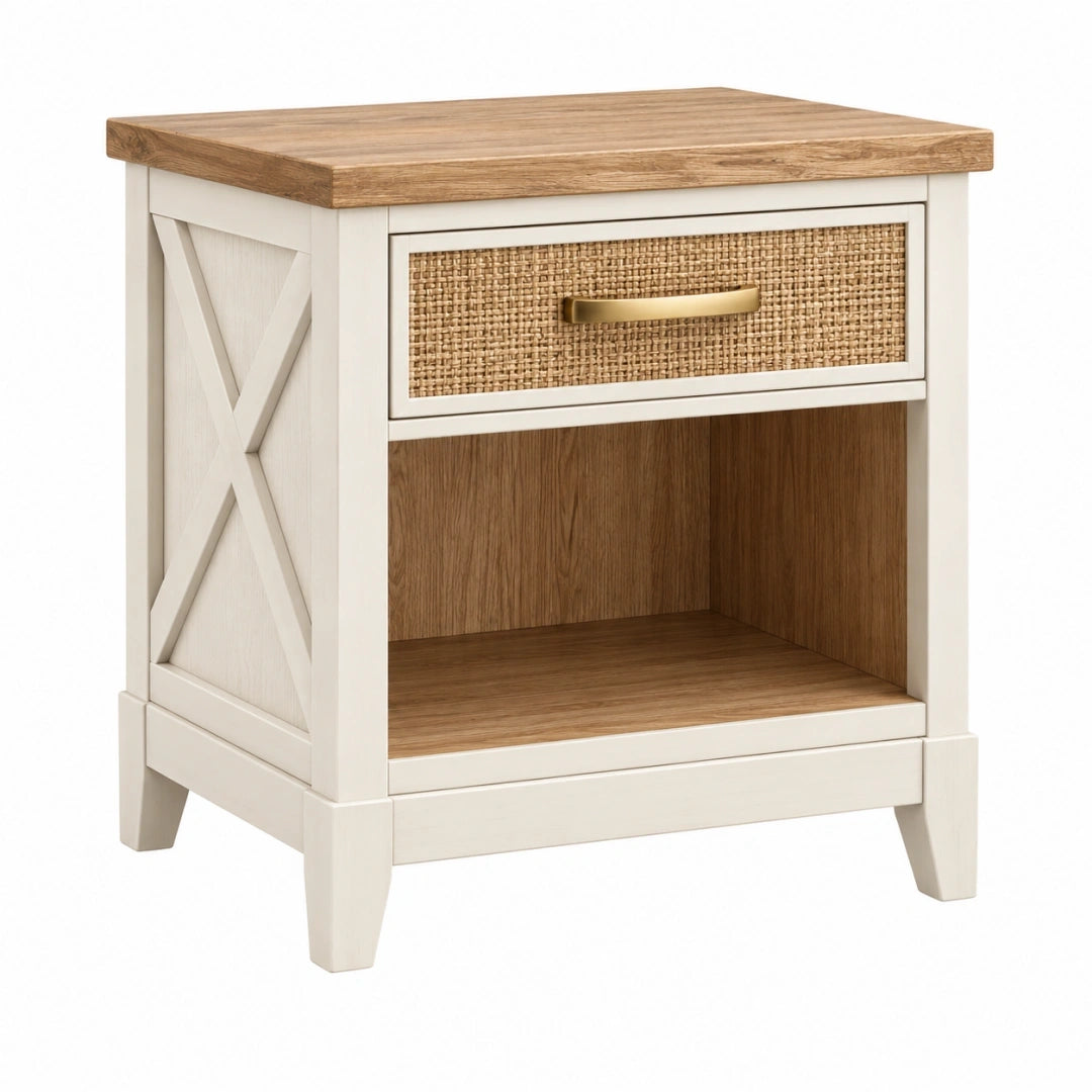 Mesita de noche 50 x 40 x 60 cm de madera beige y marrón con cajón y estante estilo rústico