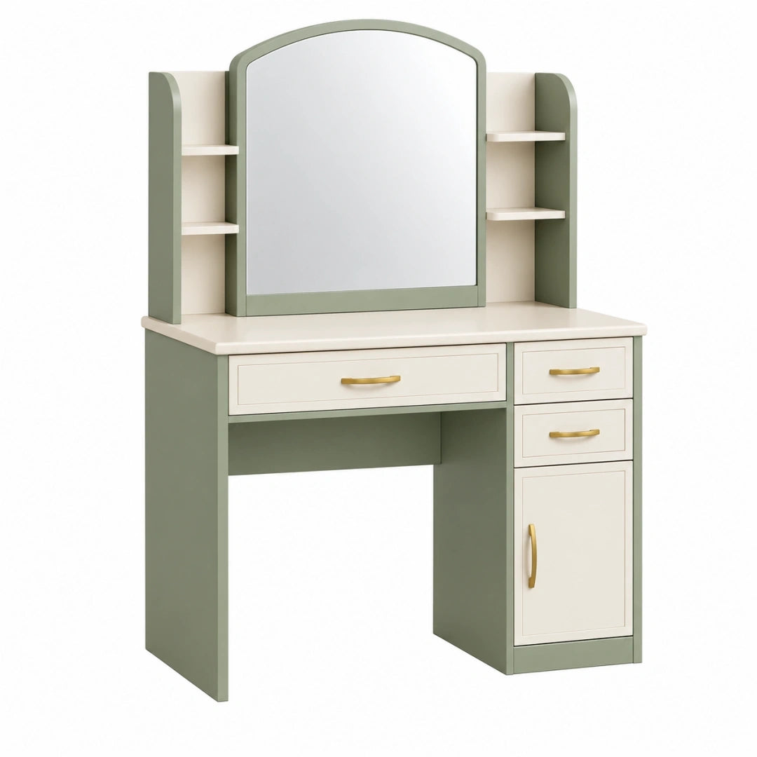 Tocador con espejo 100 x 50 x 150 cm de madera verde salvia y blanco con almacenaje