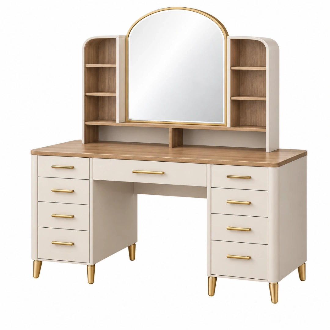 Tocador con espejo 140 x 50 x 160 cm de madera y vidrio blanco nogal con cajones estilo moderno