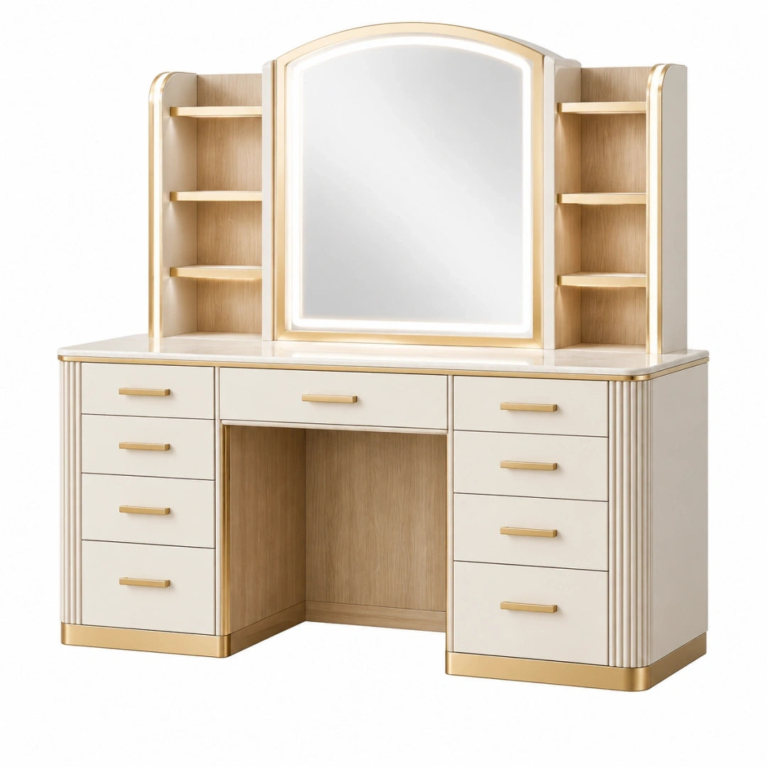 Tocador 140 x 50 x 180 cm de madera beige y dorado con espejo iluminado y cajones estilo clásico