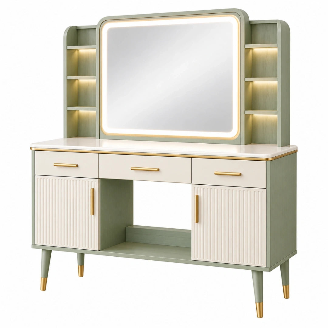 Tocador 120 x 45 x 160 cm de madera verde y blanco con espejo iluminado y almacenaje