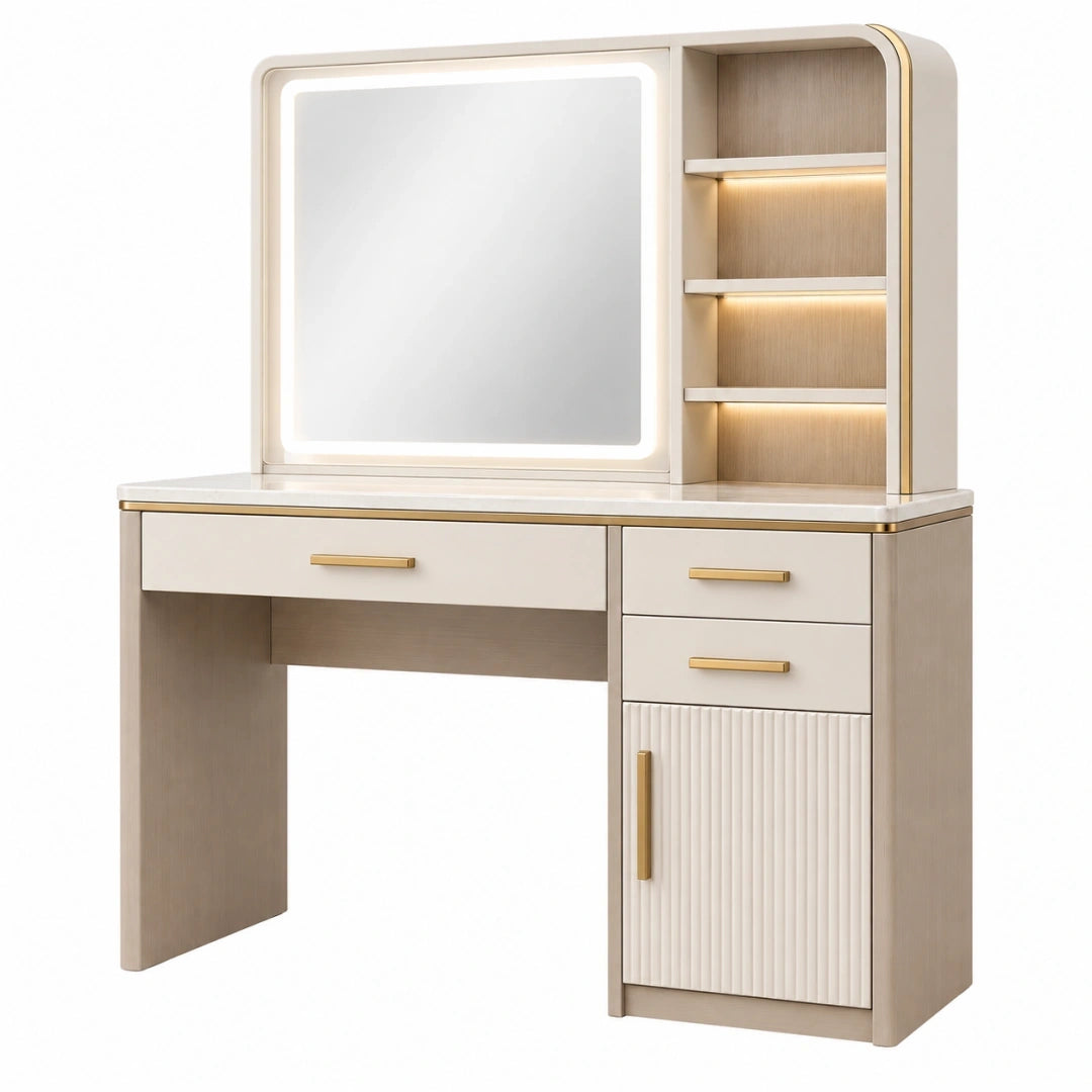 Tocador 120 x 45 x 160 cm de madera beige con espejo iluminado y almacenaje