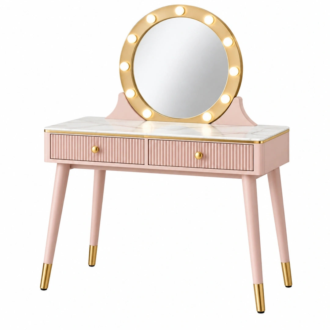 Tocador 100 x 45 x 140 cm rosa y dorado con espejo iluminado y 2 cajones