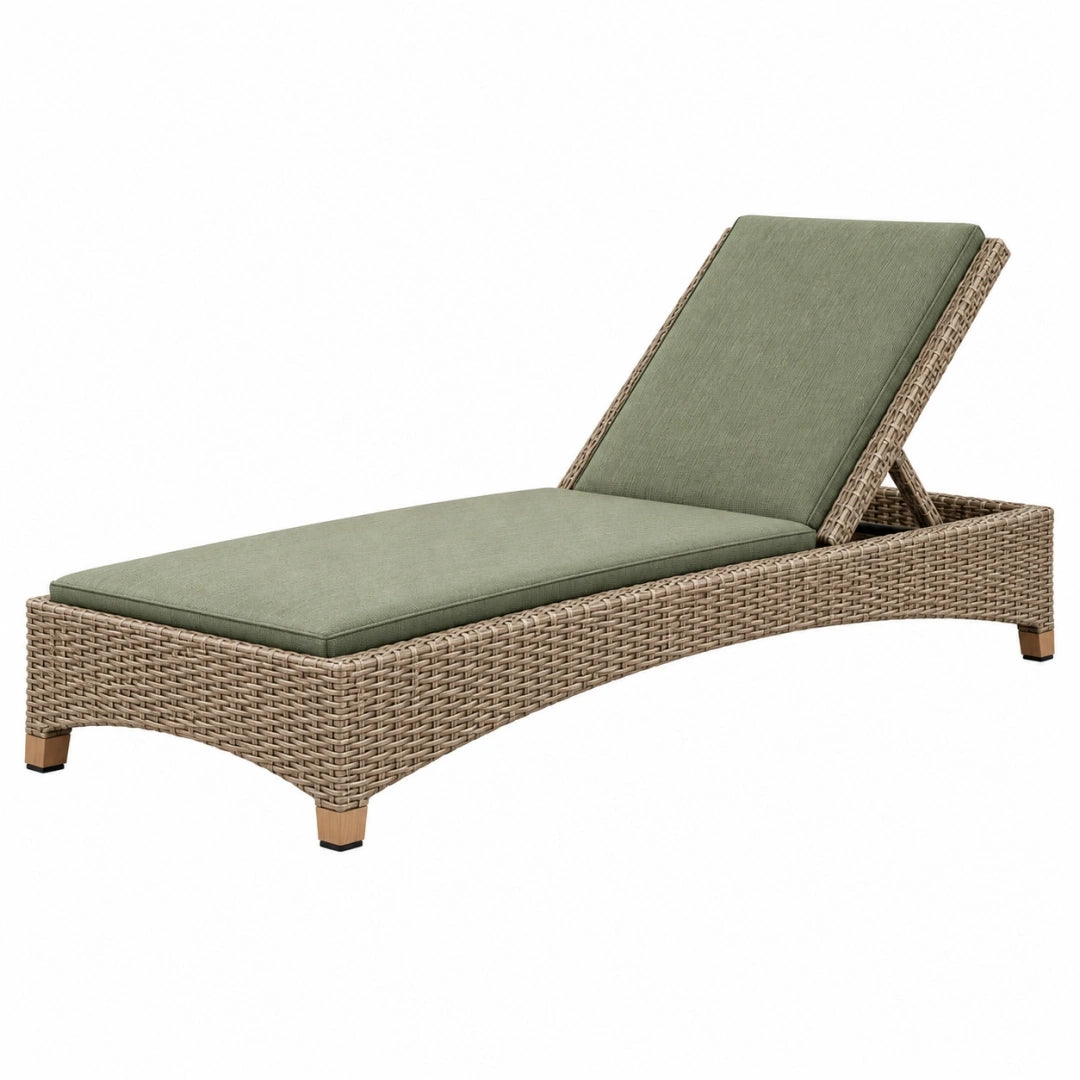 Tumbona de jardín 200 x 70 x 35 cm de ratán sintético beige con cojín verde y respaldo reclinable