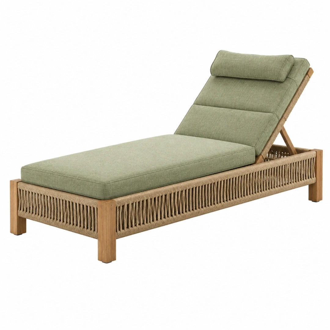Tumbona 200 x 70 cm de madera y cuerda beige verde para exterior con respaldo reclinable