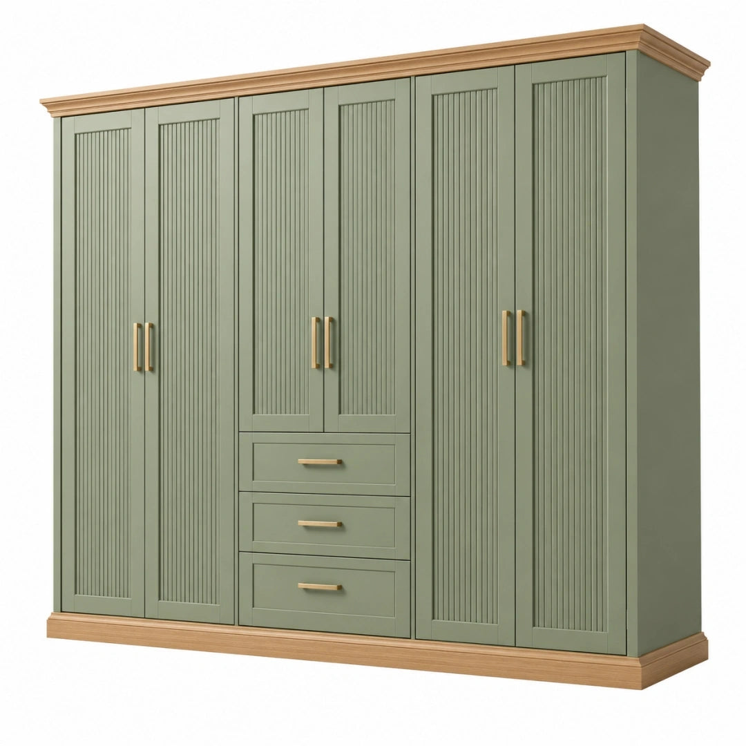 Armario de 240 x 60 x 220 cm de madera verde con 6 puertas y 3 cajones
