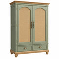 Armario 100 x 55 x 190 cm de madera verde salvia y ratán natural - 2 puertas 2 cajones estilo clásico