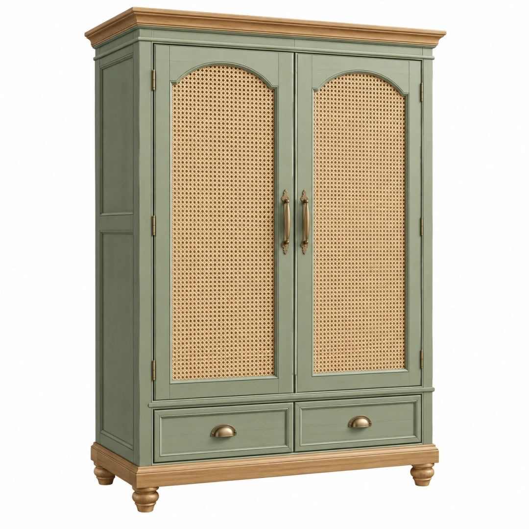 Armario 100 x 55 x 190 cm de madera verde salvia y ratán natural - 2 puertas 2 cajones estilo clásico