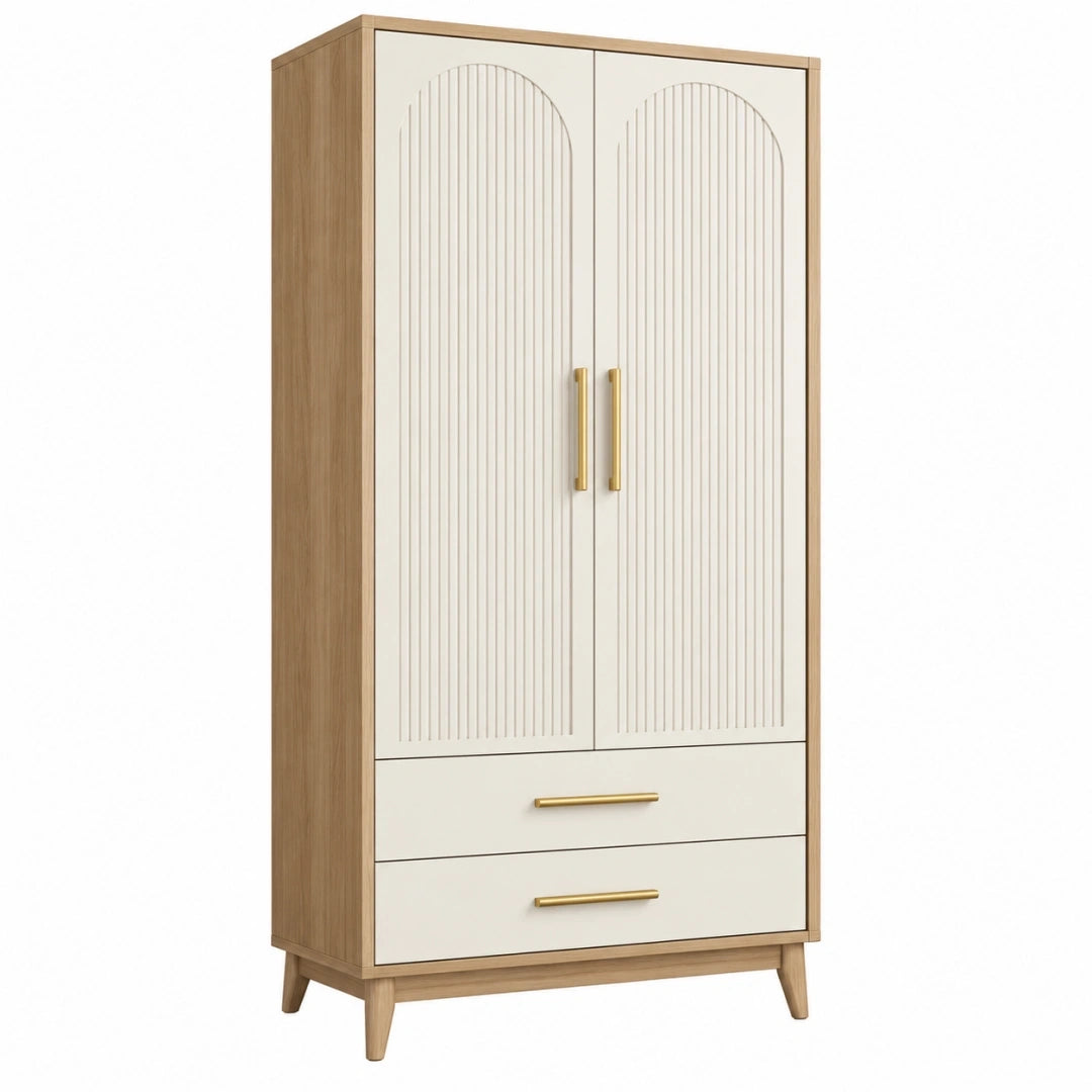 Armario 90 x 50 x 190 cm de madera blanco y natural con 2 puertas y 2 cajones