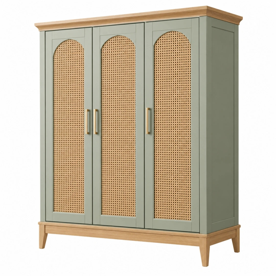 Armario ropero 150 x 55 x 200 cm de madera verde con rejilla de ratán estilo natural