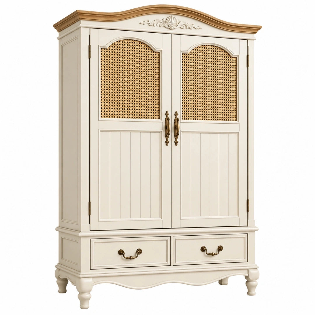 Armario 100 x 55 x 190 cm de madera blanco con rejilla de ratán estilo clásico
