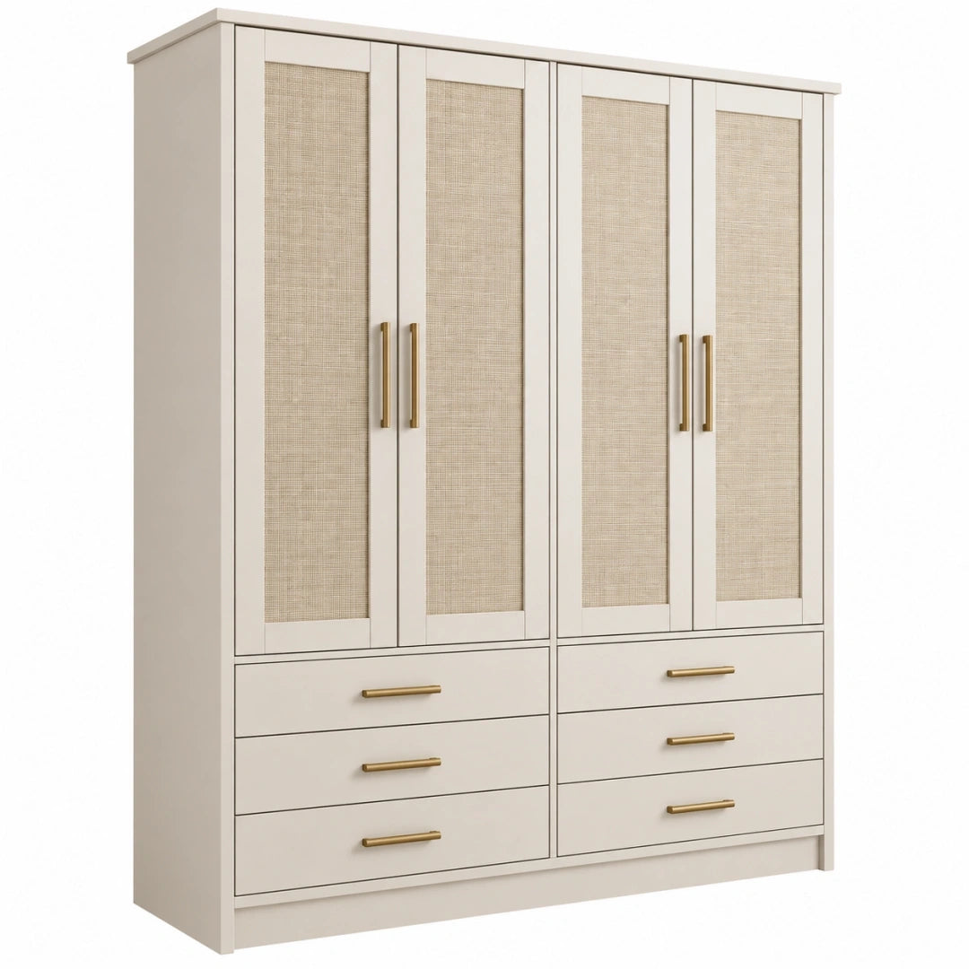 Armario ropero 160 x 55 x 200 cm de madera beige con rejilla tejida y cajones estilo natural