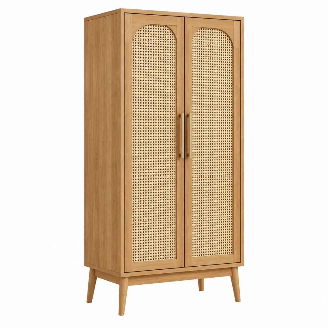 Armario 90 x 45 x 180 cm de madera natural y ratán - almacenaje estilo nórdico