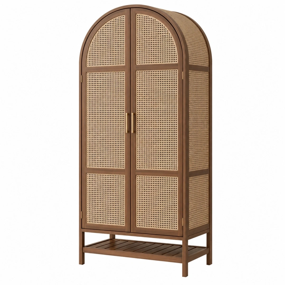 Armario 90 x 45 x 180 cm de madera marrón y rejilla de ratán - almacenaje estilo natural