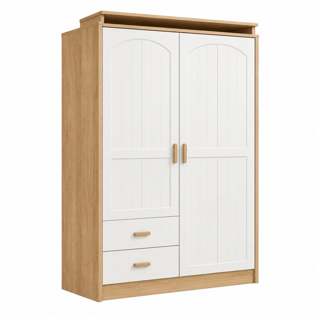 Armario de 120 x 50 x 190 cm en madera blanca y roble con 2 puertas y 2 cajones